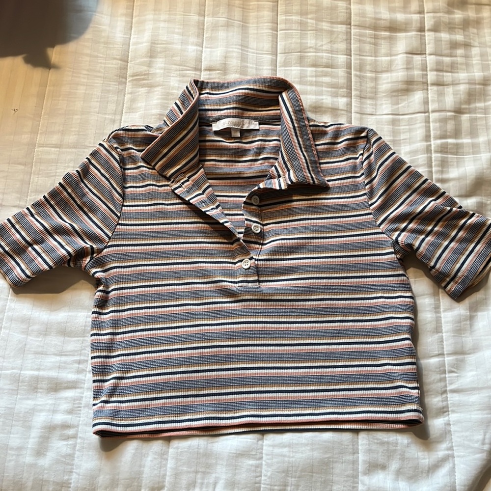 Olivia Ceous Cropped Stripe Polo button up top
